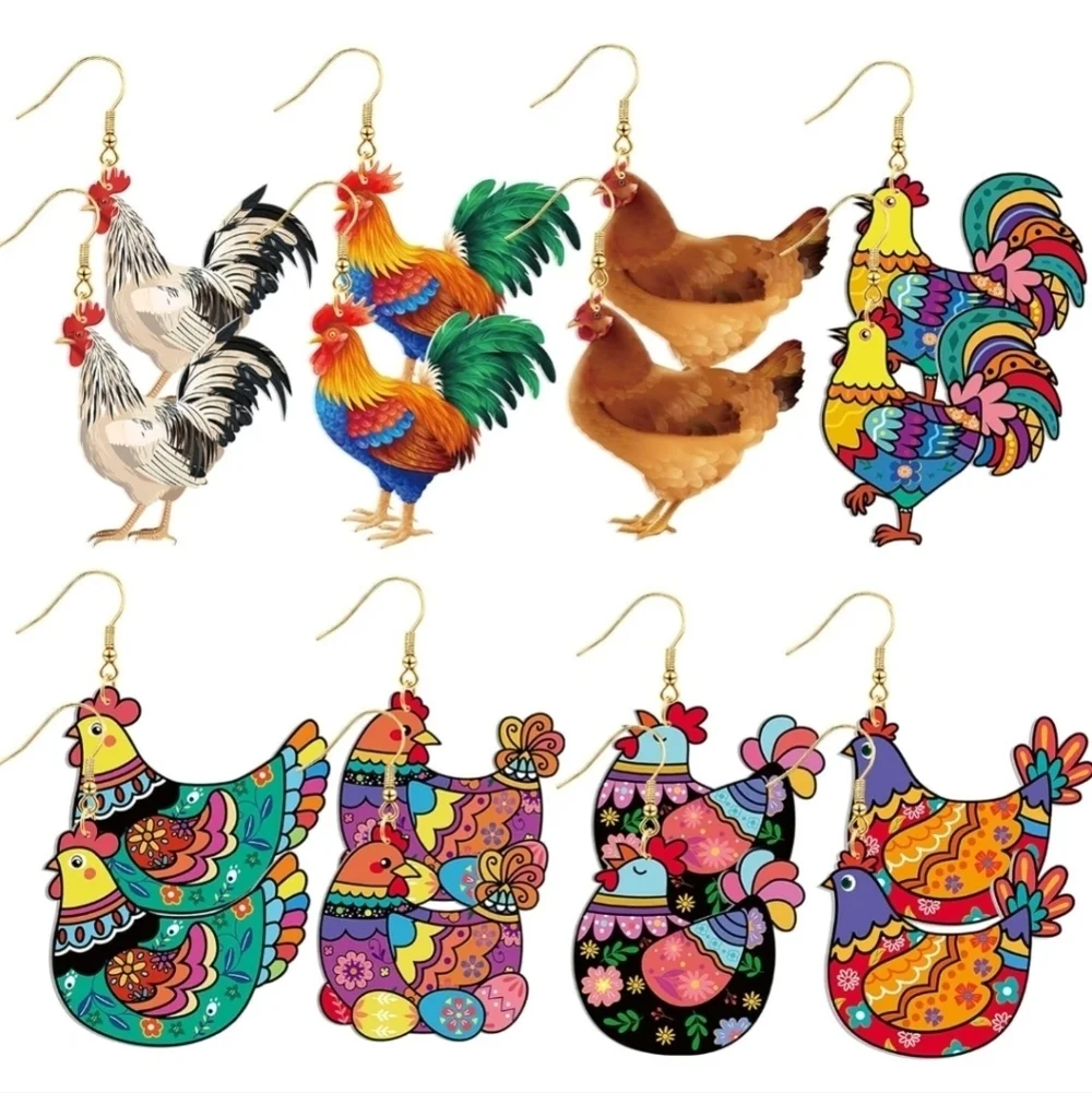 8 Pairs Gold Colorful Rooster and Hen Earrings Set